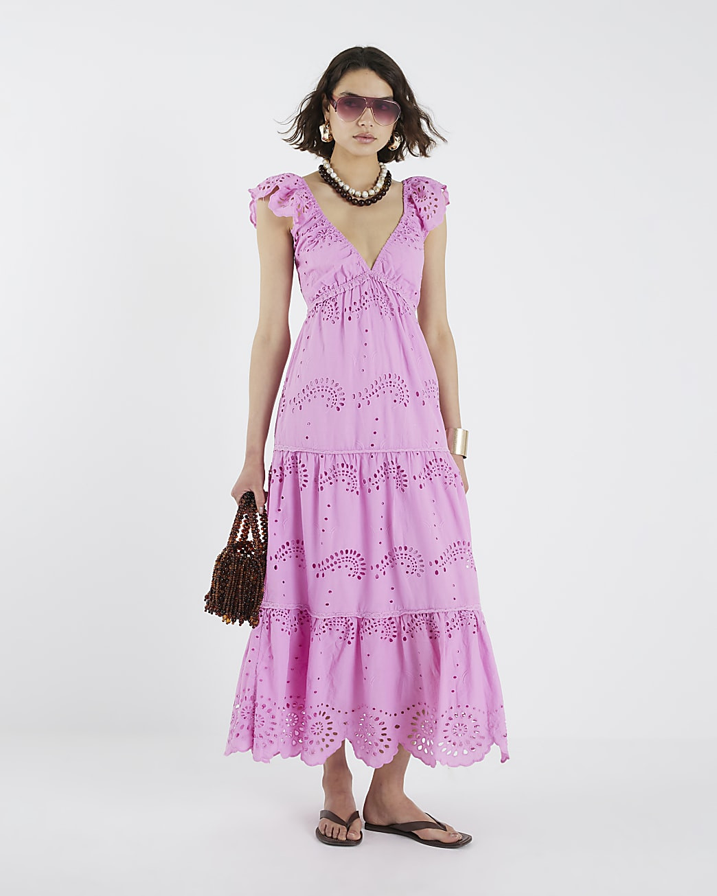 Pink Broderie Midi Dress | River Island UK & IE