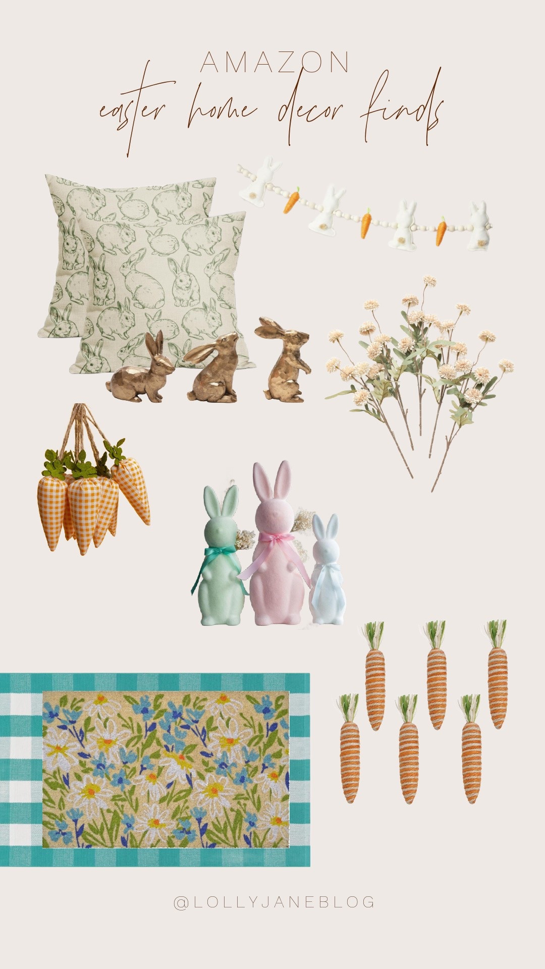 Amazon home decor finds and favorites! 🫶🏻🐣

AMAZON has some adorable home decor finds. We found some beautiful Easter throw pillows, and an adorable Easter bunny Easter basket. Ceramic and bronze easter bunny egg decor is also adorable! We found these kitchen goods as well, this velvet bunny set was way too cute to not add, along with this carotid shaped ornaments. It would be so fun to have some flowers everywhere!! 💐 Many many garlands for this Easter season. And to finish off this cute collage off with this cute floral welcome mat! 🐰💕💐#LTKstyletip #LTKhome

#LTKSeasonal #LTKHome #LTKSpringSale