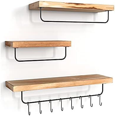 Amazon.com: HOSOM Floating Shelves, Rustic Wood Wall Shelves with Towel Bar and S Hooks for Bathr... | Amazon (US)