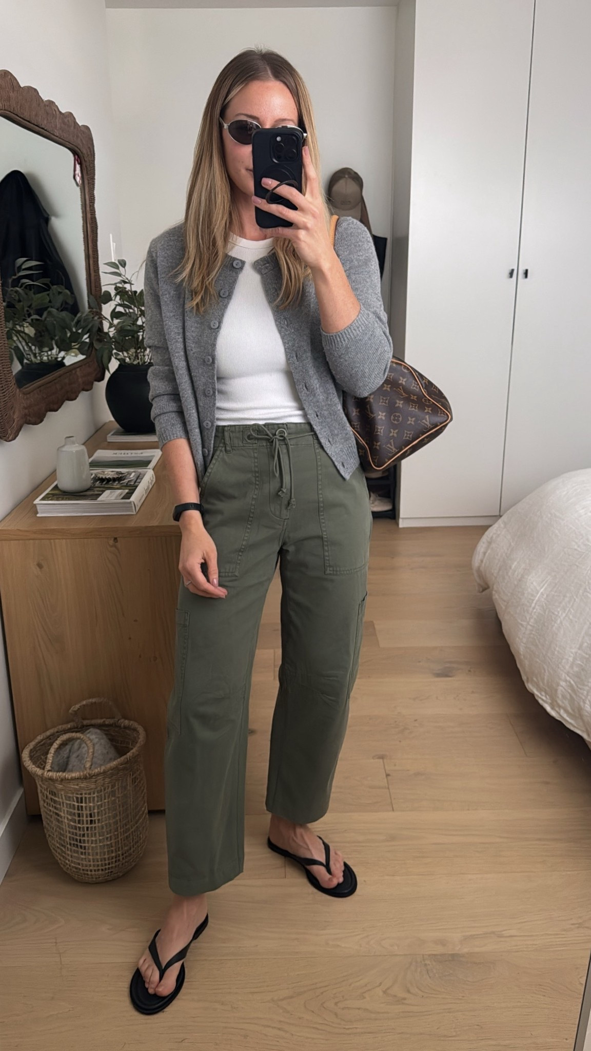 Cute spring outfit with Pistola Sabrina cargo pants (runs large, wearing a 25), cropped Quince cashmere cardigan (wearing medium), and Reformation Jessie sandals. 

#cargopants #springstyle #springoutfit 

#LTKOver40 #LTKootd