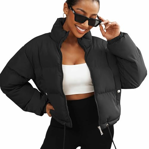 Acubozzntb Womens Casual Black Puffer Jacket Long Sleeve Full Zip Padded Winter Coat(Black,S) | Amazon (US)