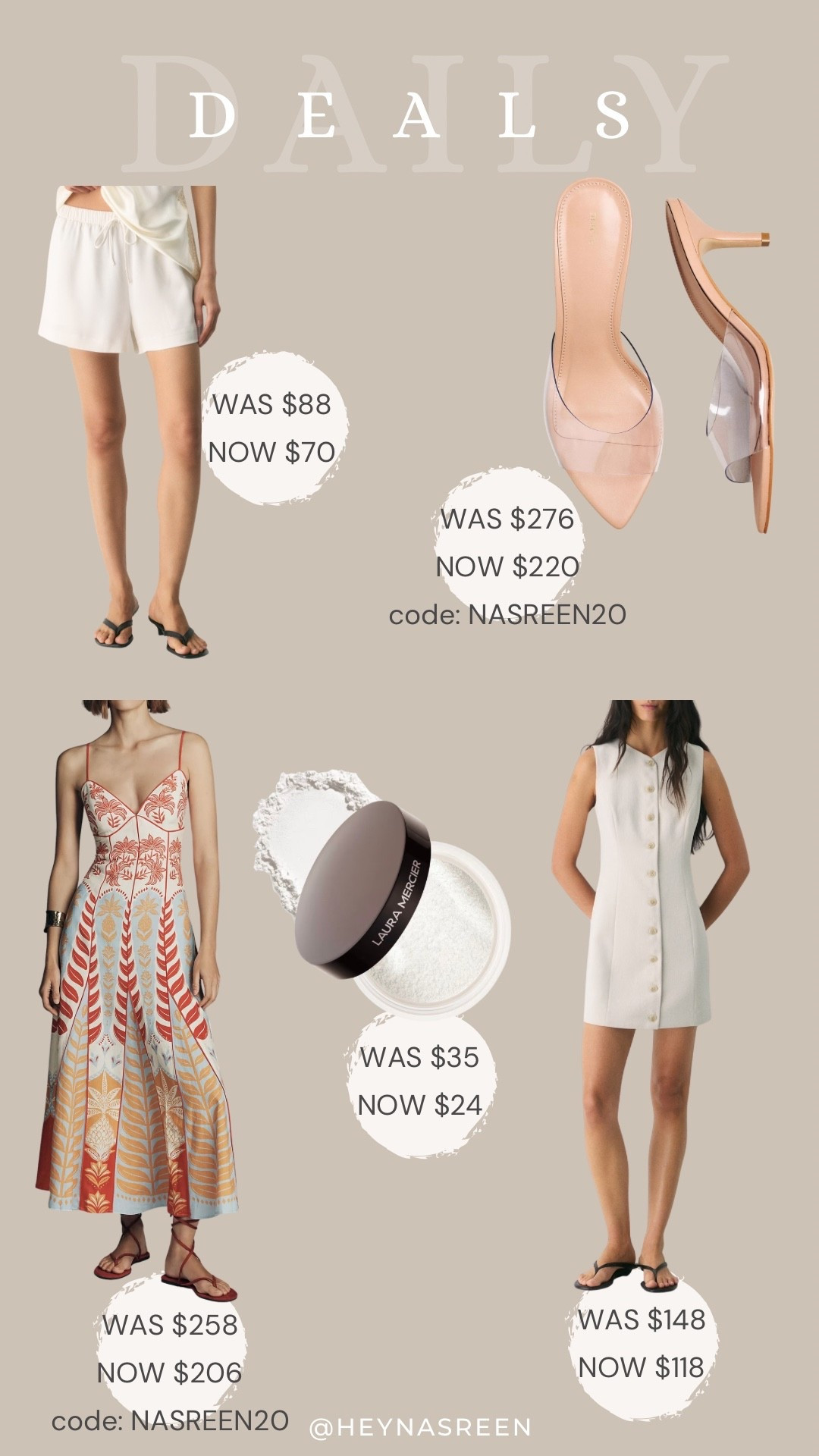 Daily deals on Aritzia shorts, Anthropologie heels, Aritzia dress, Laura Mercier translucent powder, Farm Rio dress