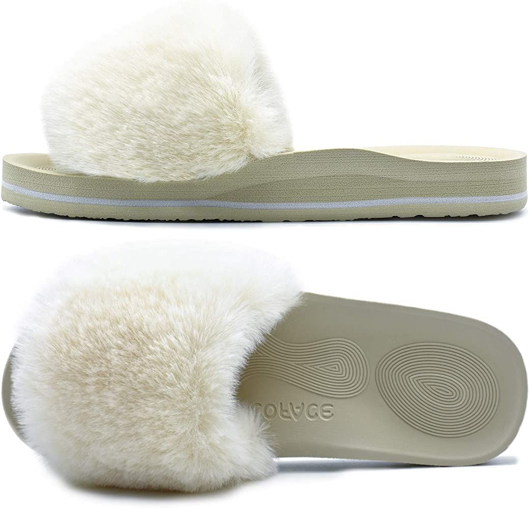 Amazon.com | COFACE Womens Sliders Plush House Slippers Flat Sandals for Women Memory Foam Fuzzy ... | Amazon (US)