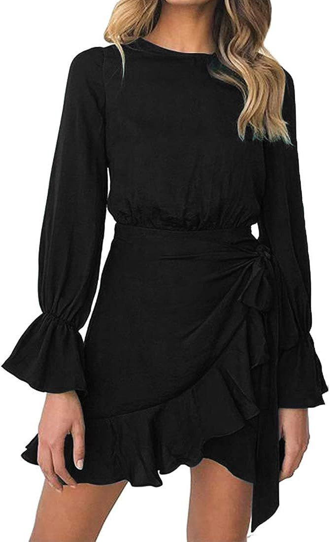 WEEPINLEE Womens Long Sleeve Round Neck Ruffles Wrap Dresses Party Dress | Amazon (US)