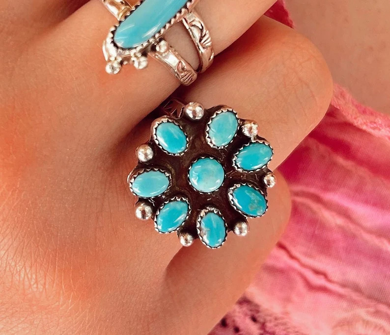 Authentic Kingman Turquoise Silver Adjustable Flower Cluster Ring by Jonah Begay Native American ... | Etsy (US)
