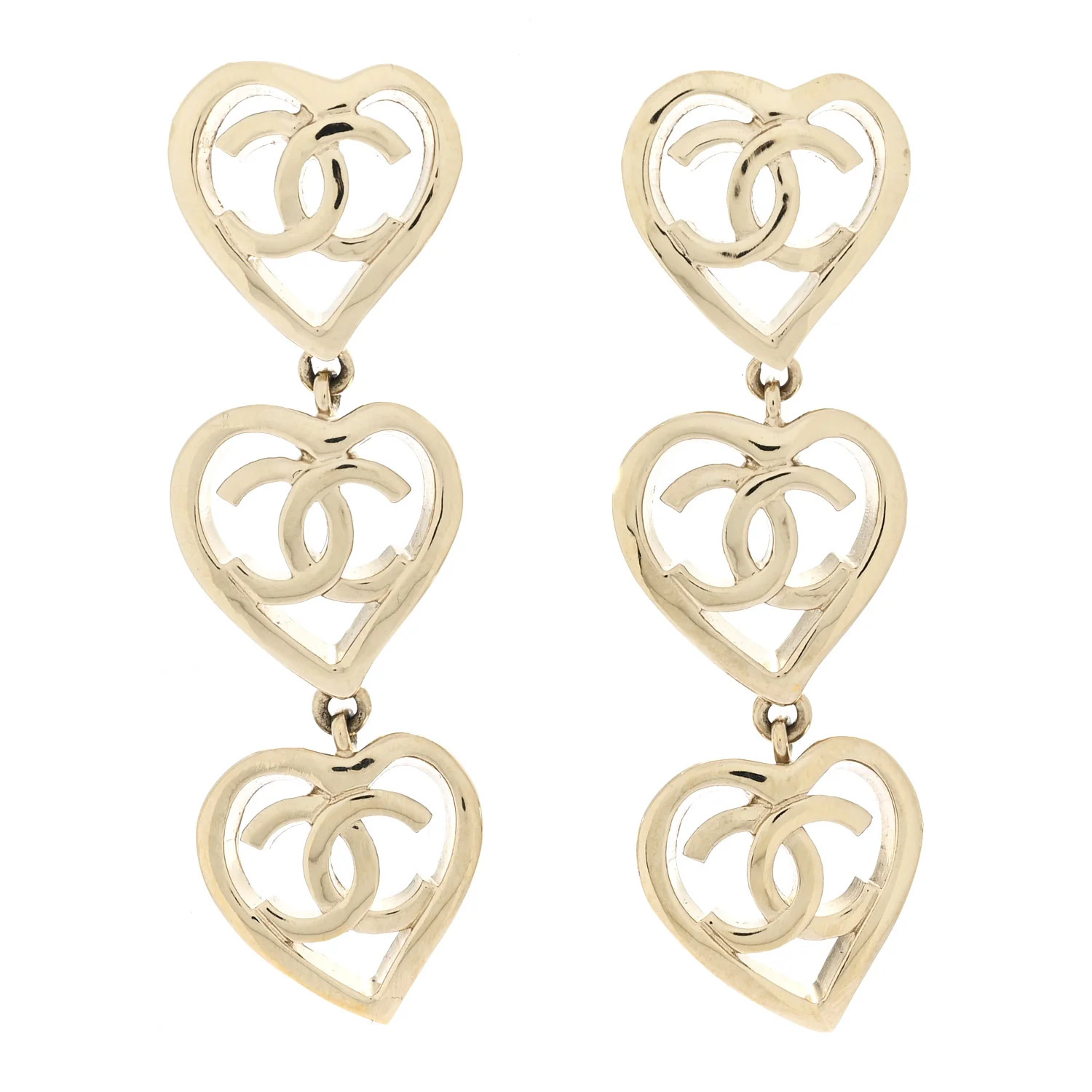 Metal CC Triple Heart Coco In Love Drop Earrings Gold | FASHIONPHILE (US)