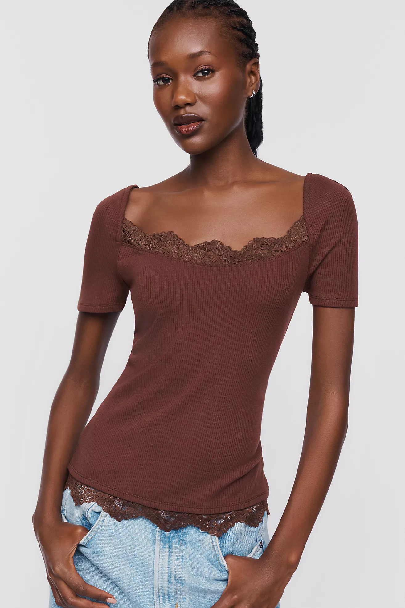 Maeve 100% Cotton Lace-Trim Tee | Anthropologie (US)