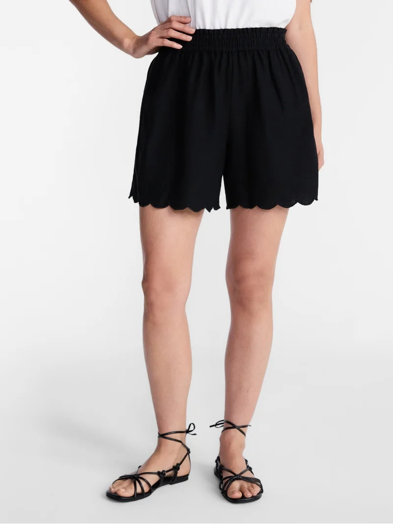 Time and Tru Women's Linen Blend Shorts with Scalloped Hem, Sizes XS-XXXL | Walmart (US)