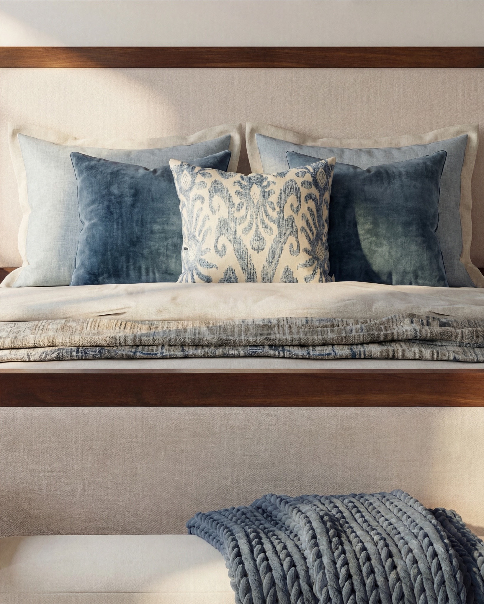Bedroom Refresh : Shop The Look.
Most bedrooms play it safe—this one looks up. The floral ceiling becomes a soft romantic moment, echoed by layered blue accents that keep the palette calm but intentional. Warm wood grounds the room, symmetry keeps it elevated, and all the small styling pieces bring that collected, designer finish.

Steal this setup:
• Warm wood platform bed with upholstered headboard
• White bedding with layered neutral + blue pillows
• Chunky knit blue throw blanket
• Upholstered bench at the foot of the bed
• Matching warm-wood nightstands
• Blue décor bowls (nightstand styling)
• Bead décor strand
• Floral framed artwork pair above nightstands
• Blue ceramic table lamps
• Neutral patterned area rug
• Floral ceiling wallpaper (blue + white palette)

#LTKhome #LTKsale #LTKstyletip