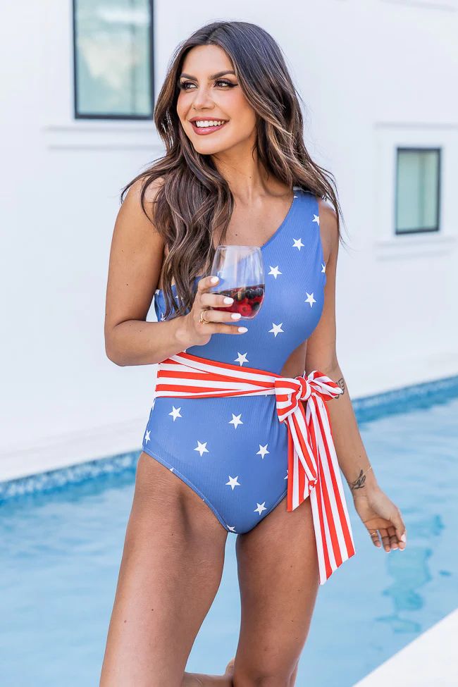 Simple Oasis Ribbed One Shoulder Stars/Stripes One Piece Swimsuit | Pink Lily