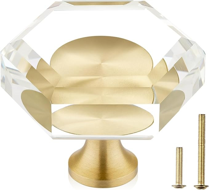 QOGRISUN 15-Pack Brass Crystal Cabinet Knobs,Glass Crystal Gold Drawer Knobs,1-5/16-Inch Hexagon,... | Amazon (CA)