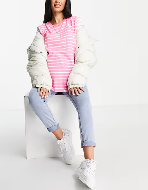 ASOS DESIGN Maternity nursing cutabout stripe t-shirt with snap side in pink | ASOS (Global)