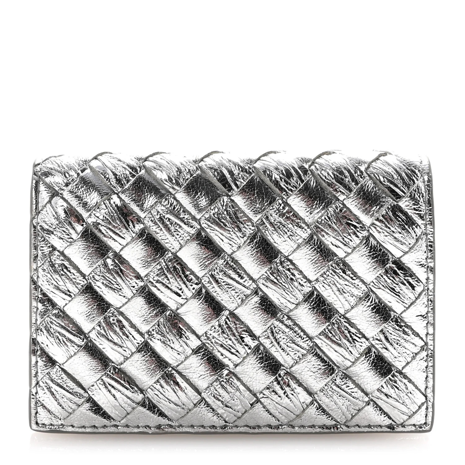 Metallic Calfskin Intreccio Plisse Card Case Silver | FASHIONPHILE (US)
