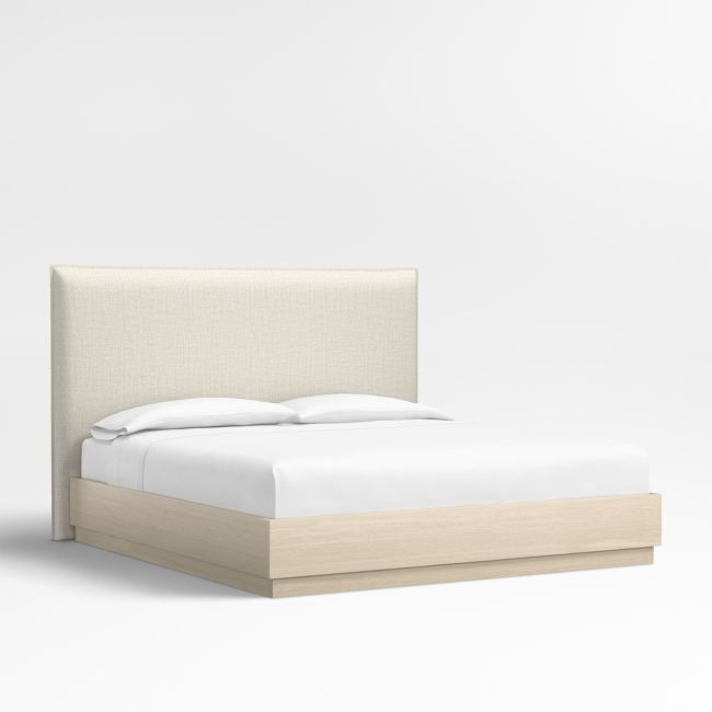 Arvada 54" Natural Beige Upholstered King Headboard with Batten White Oak Bed Base | Crate & Barrel