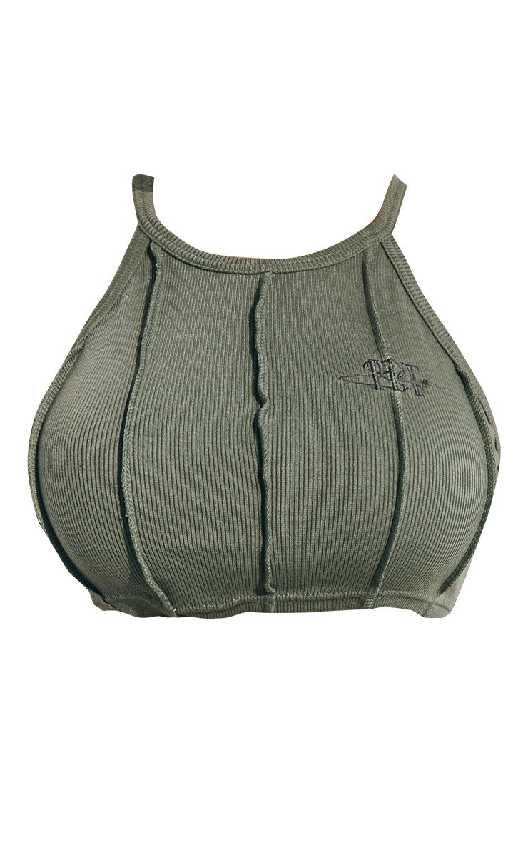 PRETTYLITTLETHING Shape Khaki Rib Seam Crop Top | PrettyLittleThing US