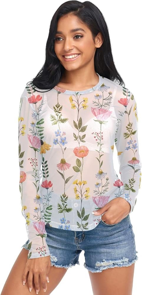 Embroidery and Rhinestones Small Red Butterfly Women Mesh See Through Top, Long Sleeve Shirt, She... | Amazon (US)