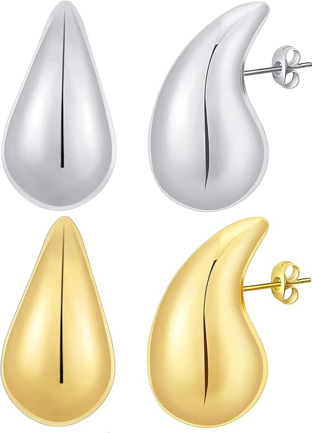 2 Pair Teardrop Earrings Dupes for Women Gold/Silver Chunky Hoop Earring Dangle Water Drop Hypoal... | Amazon (US)