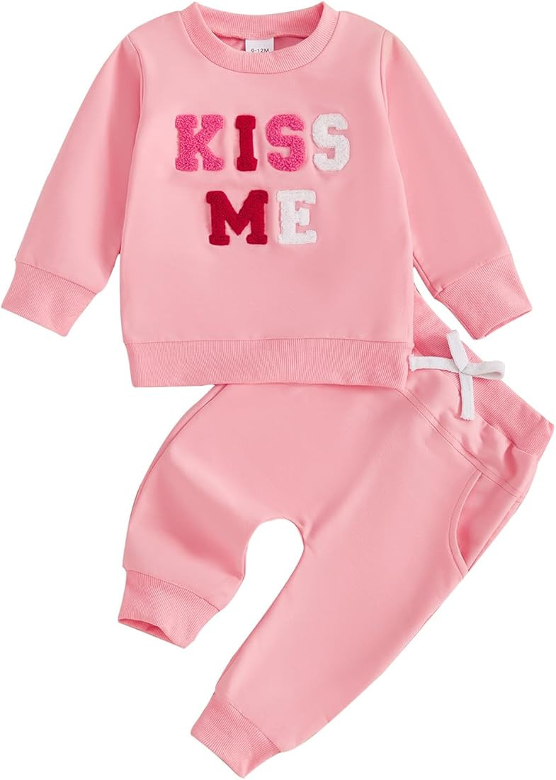 Baby Girl Valentines Day Outfit Bow Letter Long Sleeve Crewneck Sweatshirts Pants Fall Winter Clo... | Amazon (US)