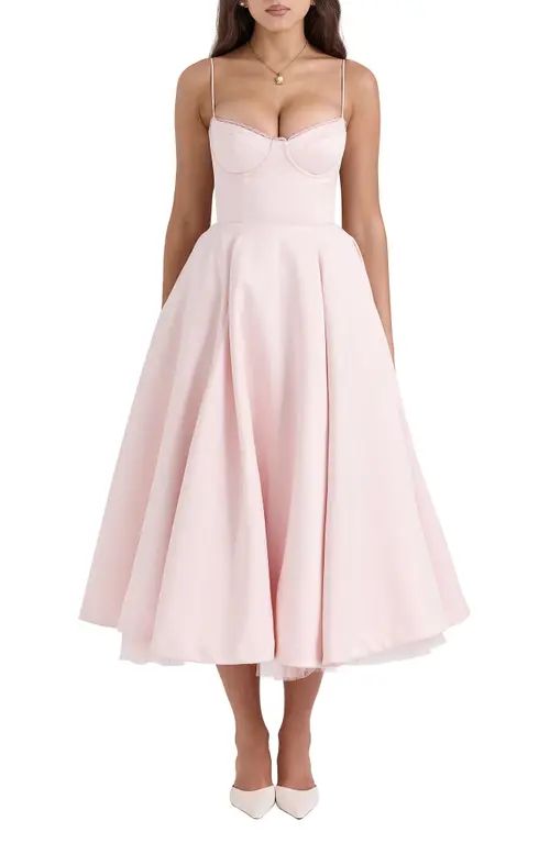 HOUSE OF CB Mademoiselle Bustier Stretch Satin Midi Dress in Pink Salt at Nordstrom, Size Large A | Nordstrom