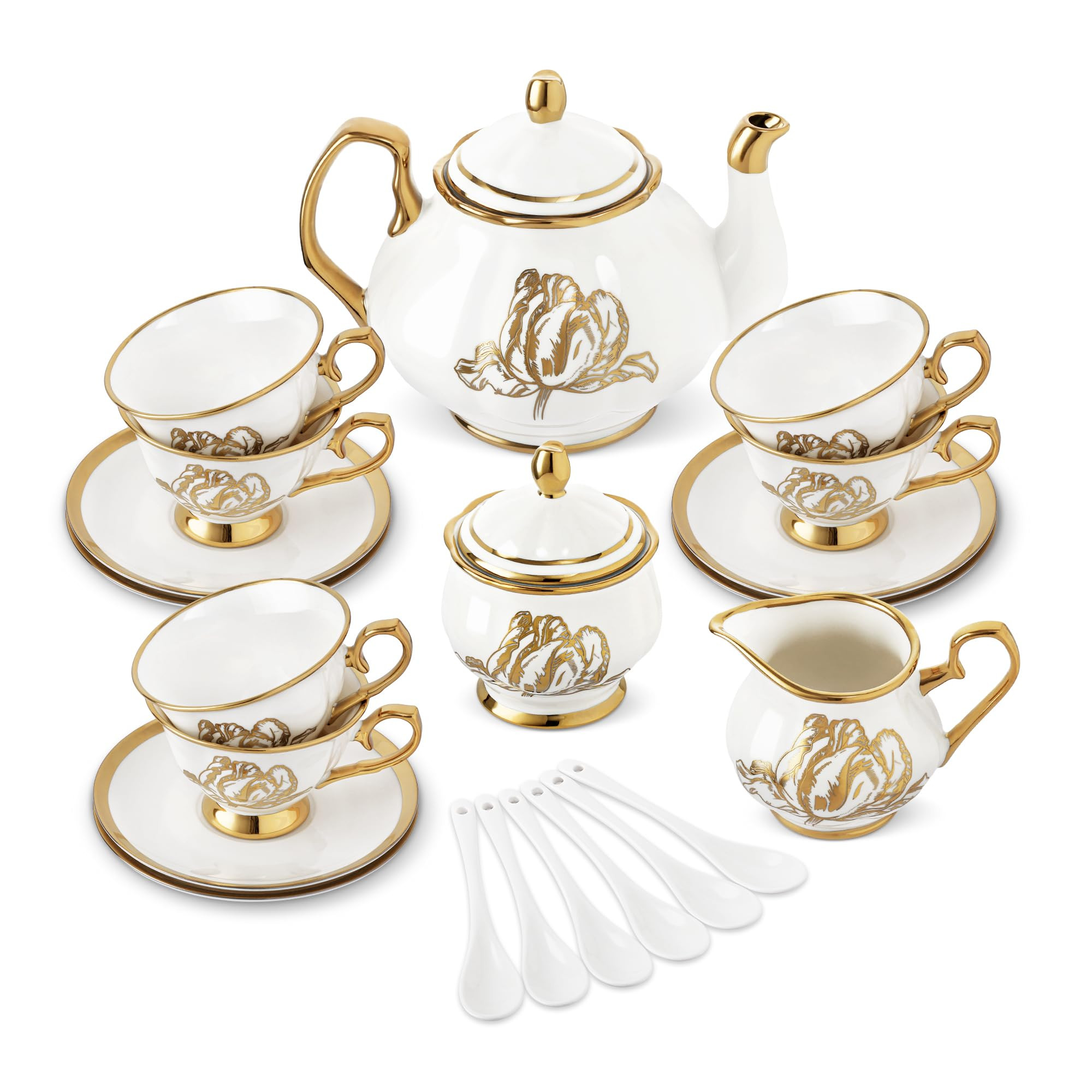 fanquare 21 Pieces British Porcelain Tea Set, Gold Tulip Tea Service for Afternoon Tea Party, 6 T... | Amazon (US)
