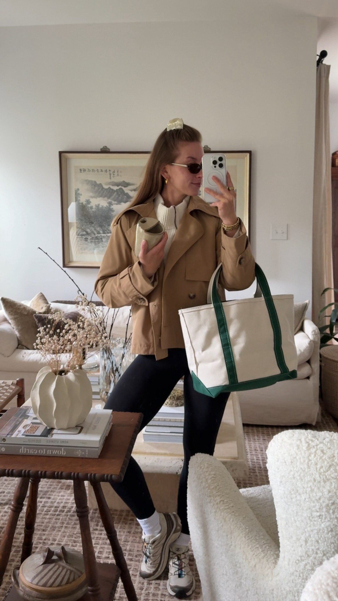 5/24/25 farmers market/coffee run/errands outfit 🫶🏼 spring outfit of the day, farmers market outfit, free people sweater, amazon sunglasses, abercrombie cropped trench coat, salomon sneaker outfit, ll bean boat tote bag, casual spring style, coffee run outfit, comfy chic errand look, neutral spring layers, spring capsule wardrobe, everyday spring outfit, functional and cute outfit, market day style

