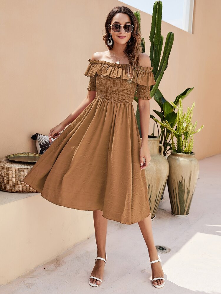 Off Shoulder Shirred Bodice A-line Dress | SHEIN