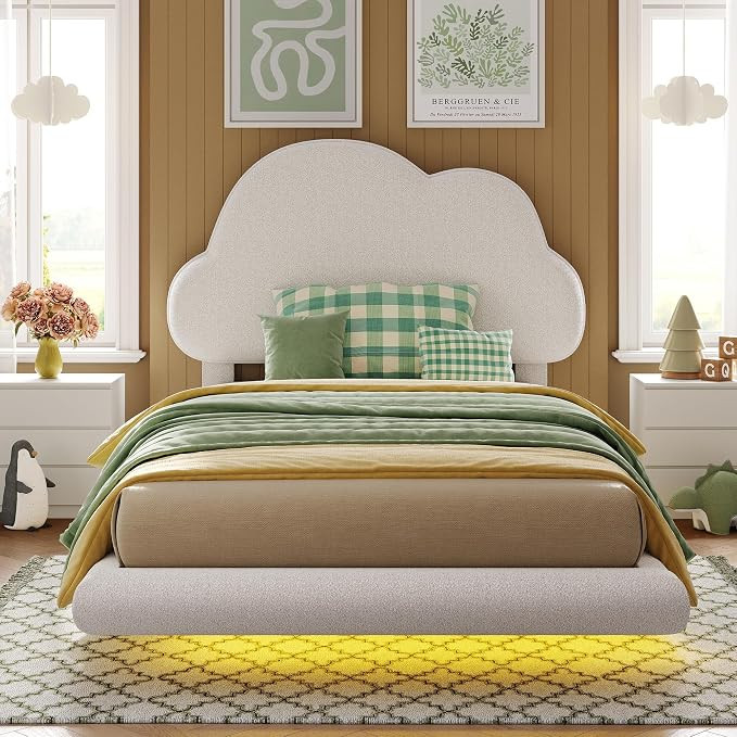 LIKIMIO Twin XL Bed Frames with Cloud Headboard, Upholstered Boucle Floating Platform Bed with LE... | Amazon (US)