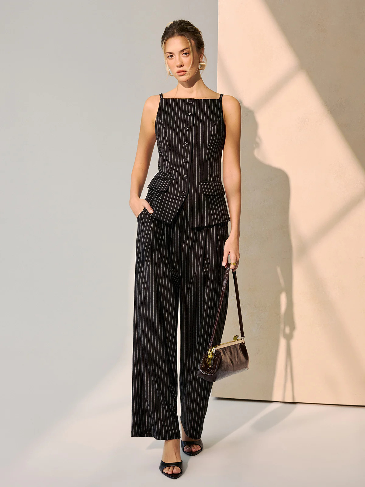 Pinstripe Cami Vest & Wide-Leg Pants Set | Commense