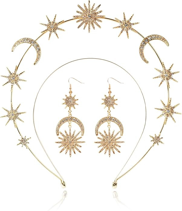 Halo Crown - Stars Crystal Goddess HeadBand with Earrings Mary Metal Halo Headpiece Celestial Cro... | Amazon (US)