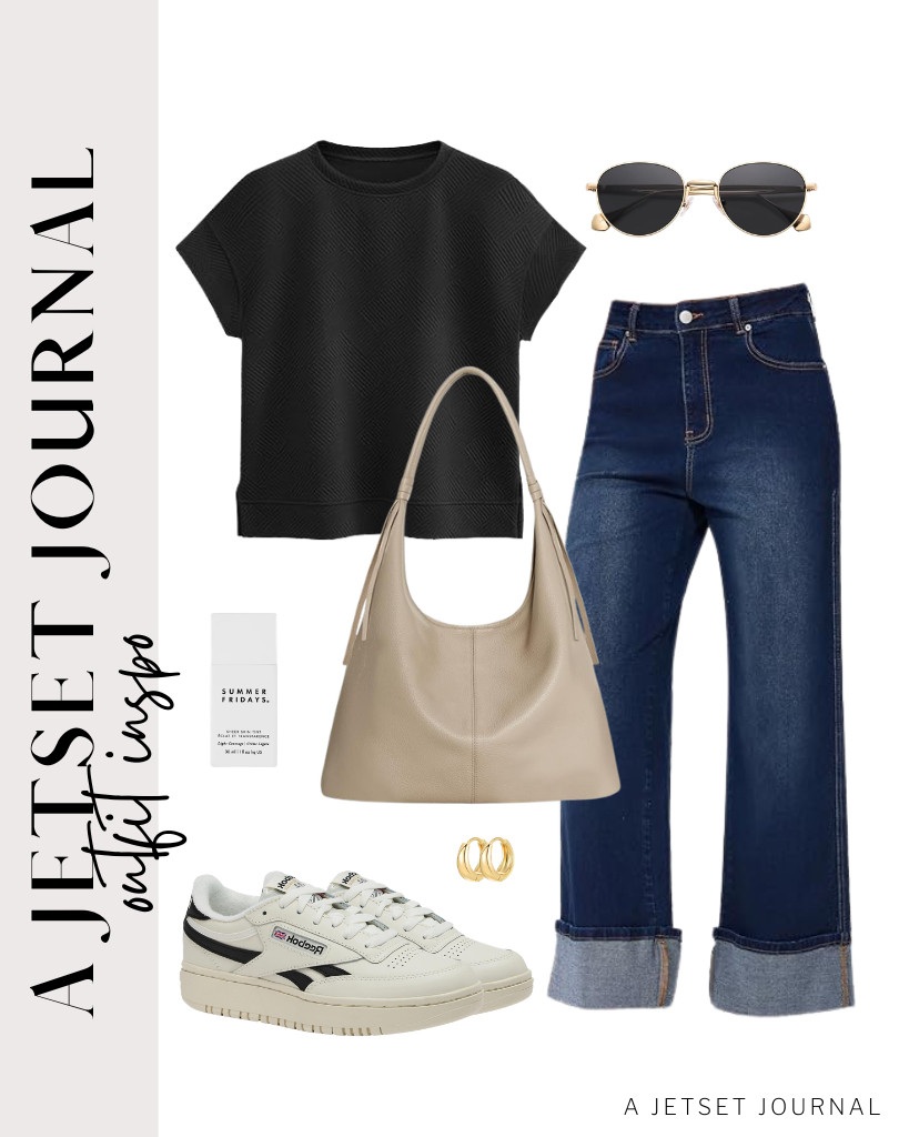 The last outfit is a black top from PRETTYGARDEN that you can wear with Vinova cuffed jeans. You can use this befen leather bag and VANLINKER polarized sunglasses for this fit. For your footwear, you can use these Reebok platform tennis shoes.

#LTKSeasonal #LTKSaleAlert #LTKTravel
 

 