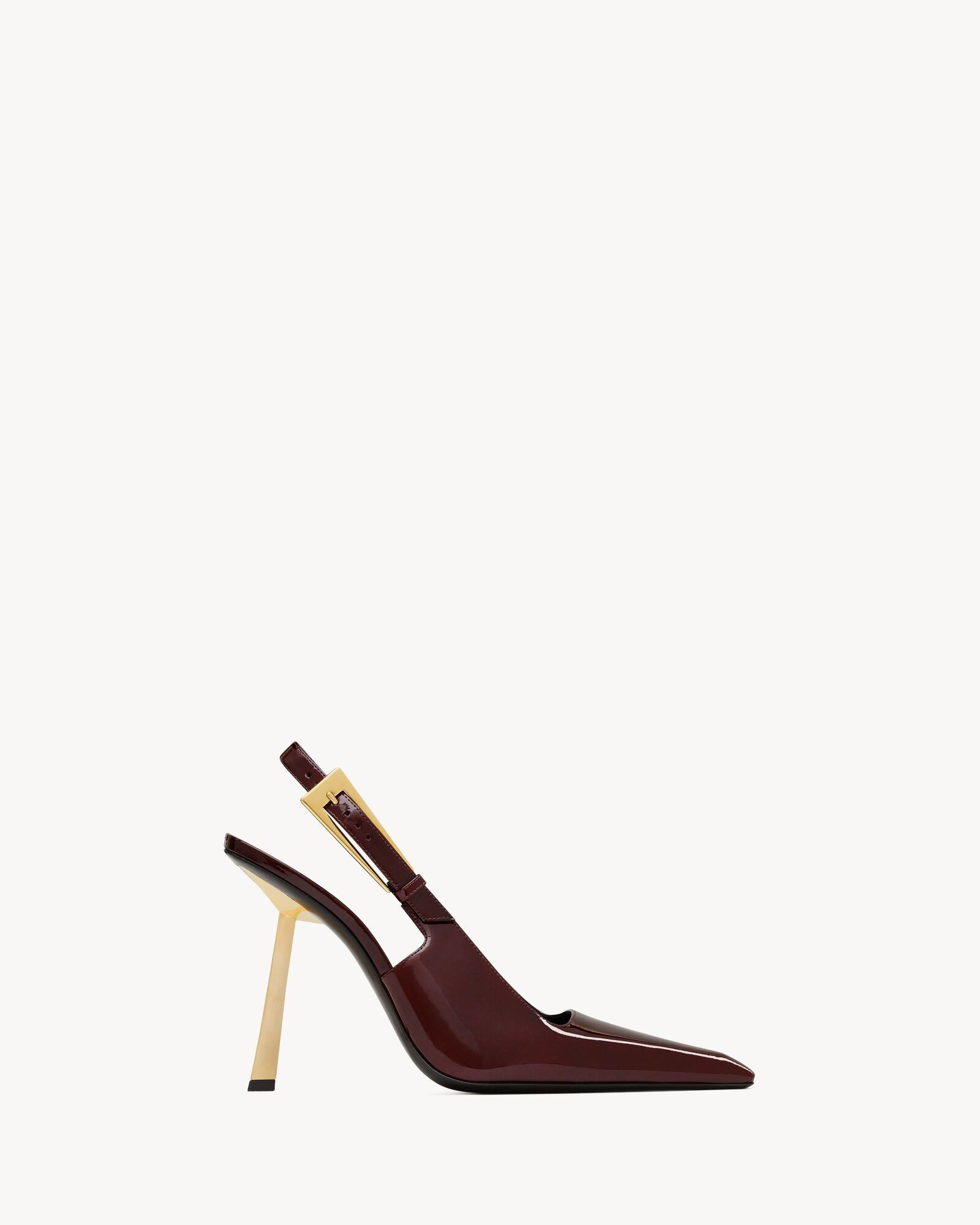 slingback pumps with a square pointed toe and gold-plated geometric stiletto heel, featuring a sq... | Saint Laurent Inc. (Global)