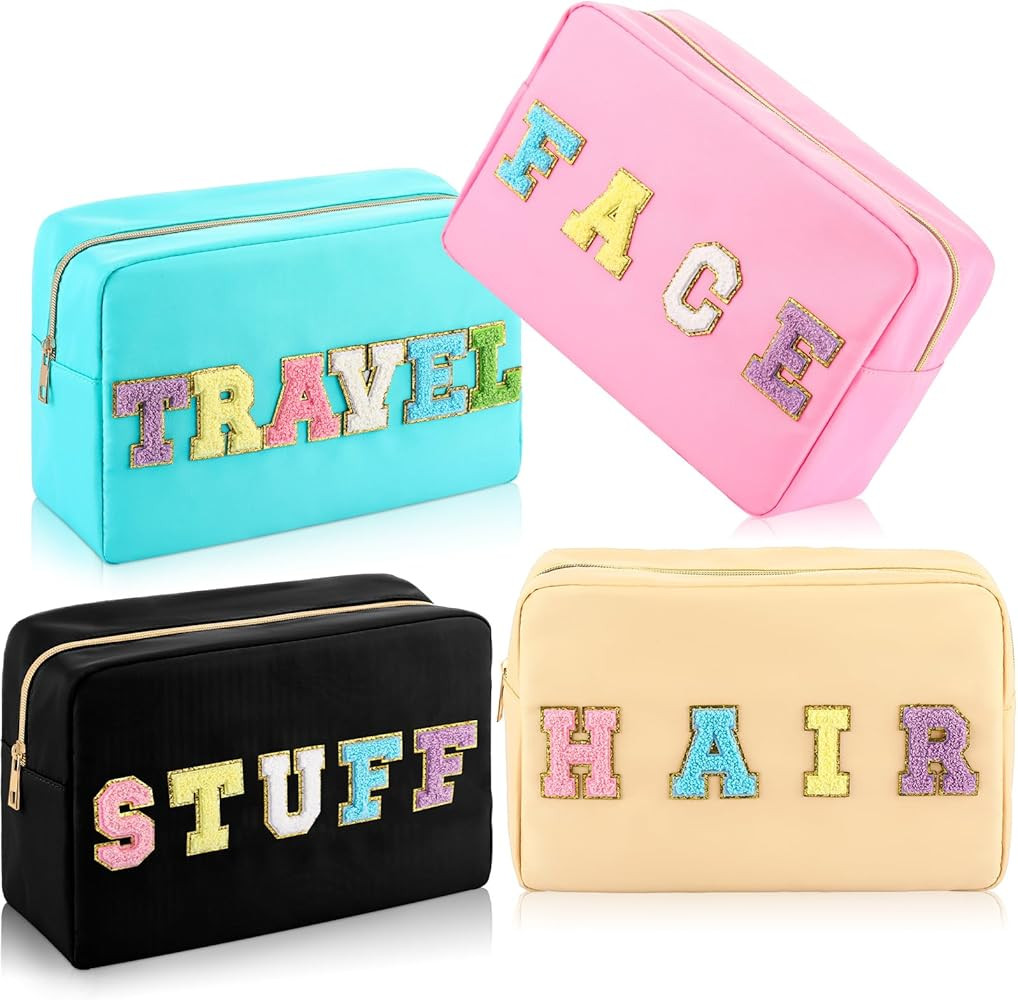 Sanwuta 4 Pieces Large Chenille Letter Makeup Bag Nylon Preppy Patch Cosmetic Pouch Waterproof Ha... | Amazon (US)