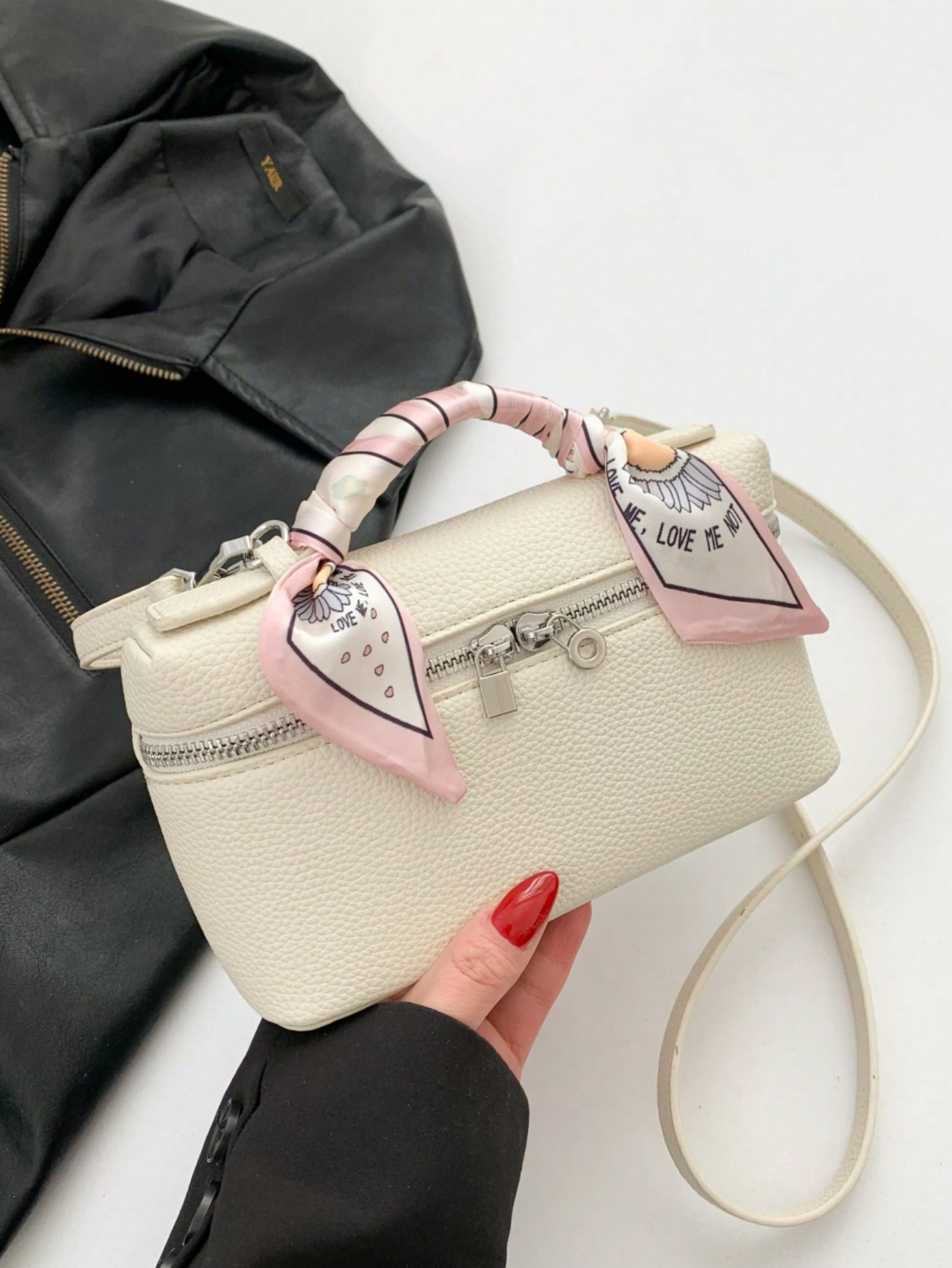 Lychee-Patterned Textured Versatile Box-Shaped Women's Handbag Crossbody Bag With Silk Scarf, Sui... | SHEIN