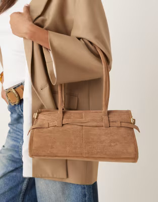 Gina Tricot faux suede buckle bowling shoulder bag with long handles in camel brown | ASOS (Global)
