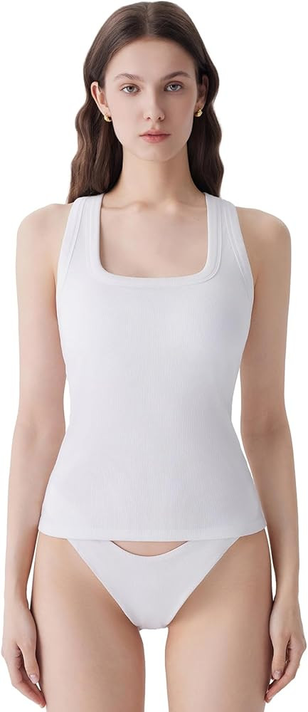 SUUKSESS Womens Padded Cotton Ribbed Tank Tops Square Neck Racerback Basic Tops | Amazon (US)