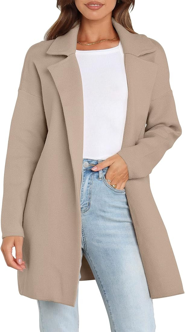 ANRABESS Women’s Coatigan Jacket Long Sleeve Open Front Cardigan Coat Chunky Lapel Blazer Sweater fo | Amazon (US)