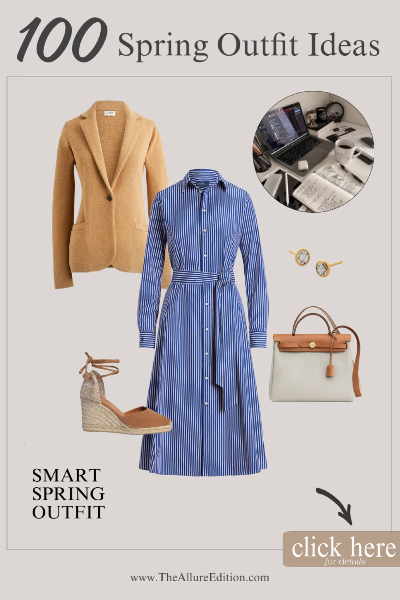 Spring Outfit idea
Spring dress, shirt dress
Cotton dress
Camel sweater blazer
Espadrilles 
Hermes herbag bag outfit