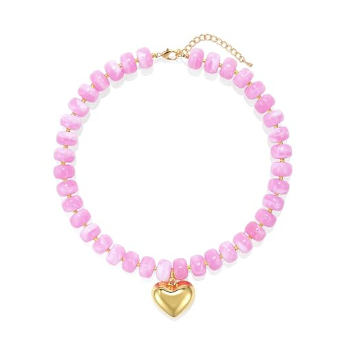 Amazon.com: Wassazi Pink Chunky Heart Necklace for Women, Colorful Acrylic Beaded Statement Puff ... | Amazon (US)