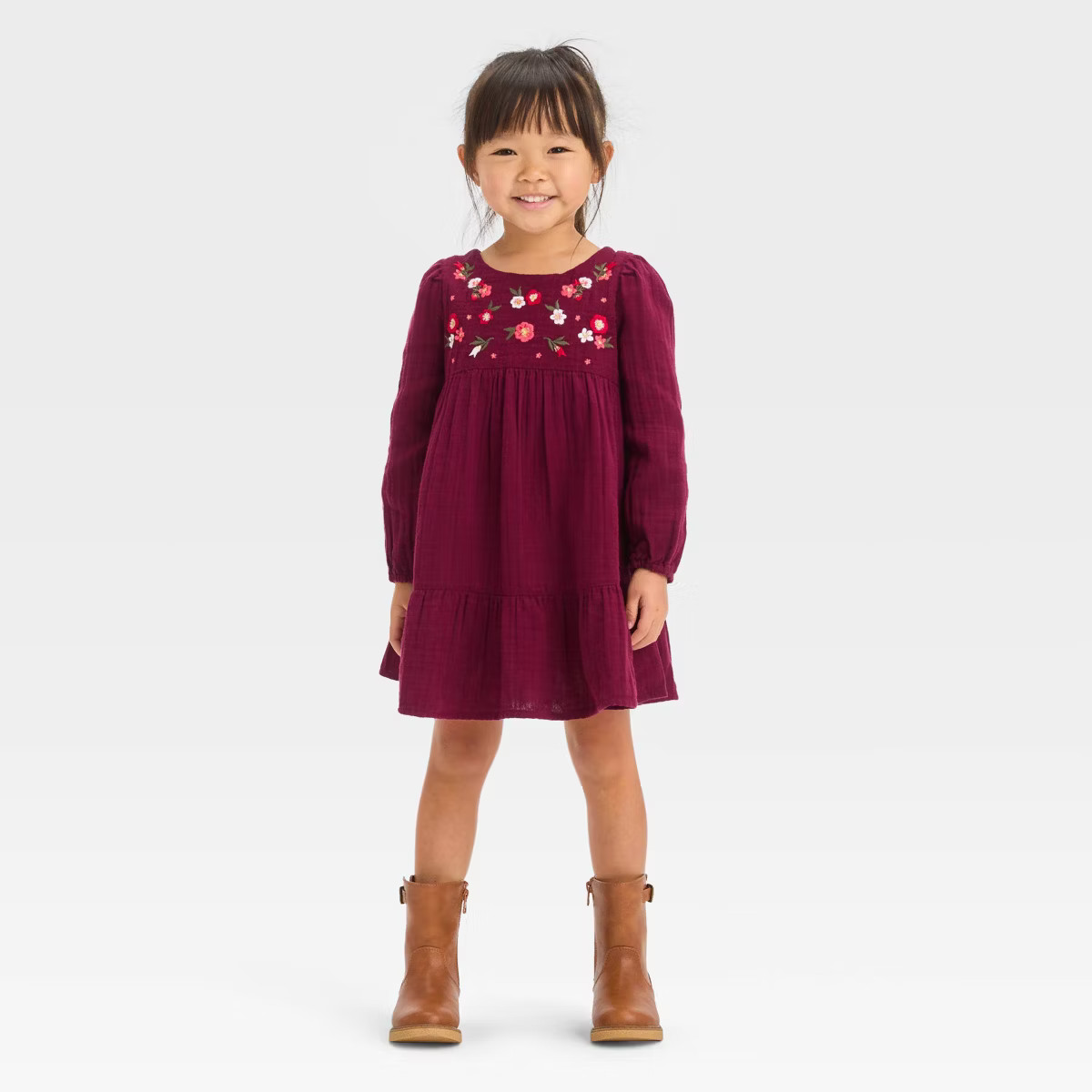 Toddler Girls' Floral Long Sleeve Dress - Cat & Jack™ Burgundy | Target