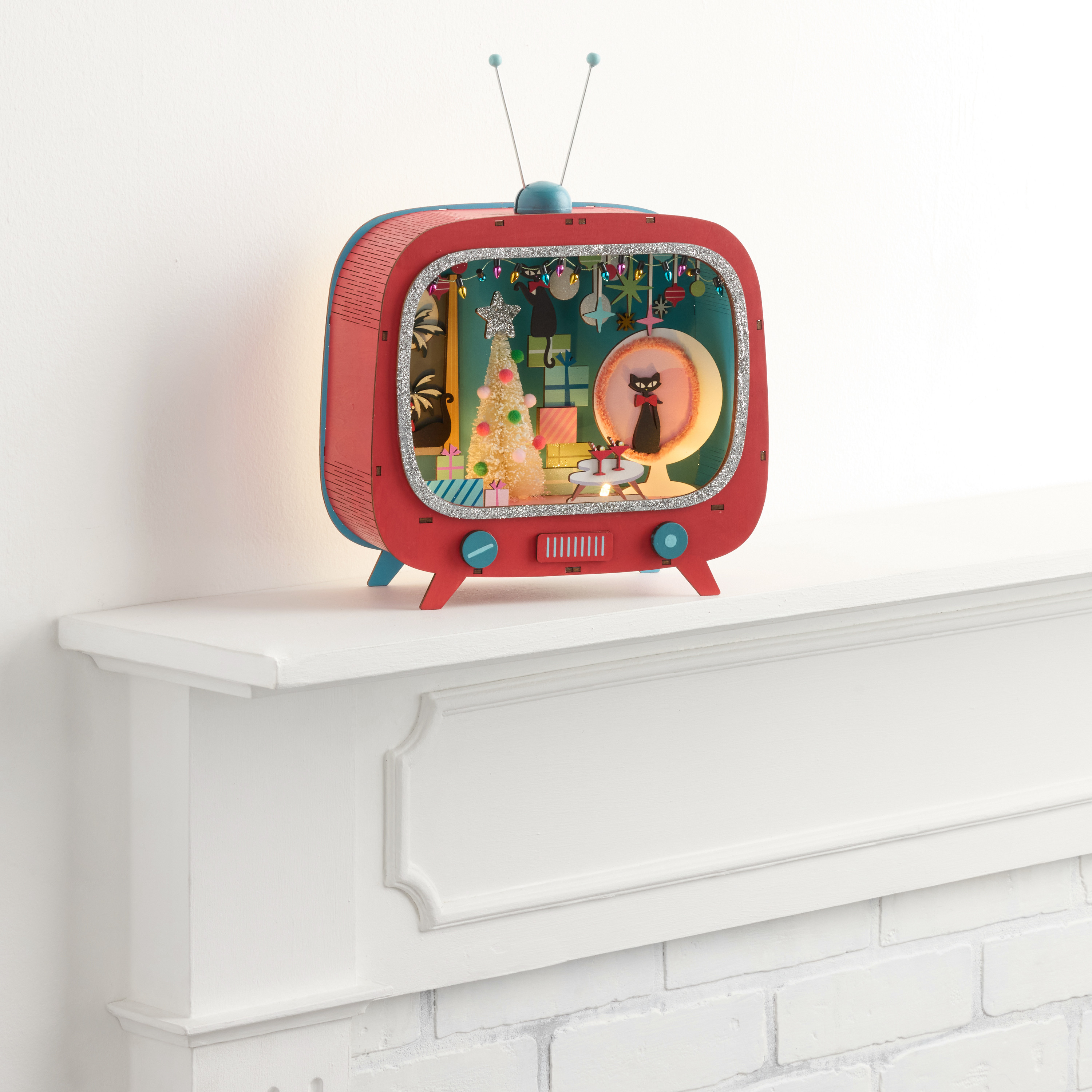 Laser Cut Wood Mid Century TV Set LED Light Up Decor | World Market