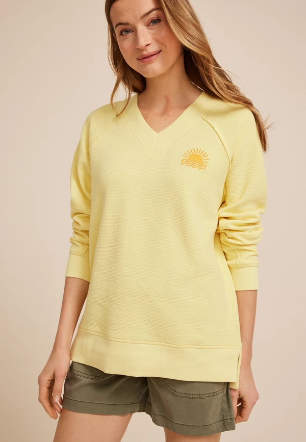 Here Comes The Sun Textured V Neck Sweatshirt | Maurices