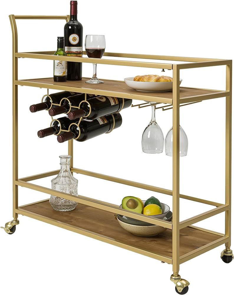 FLORA Gold Bar Cart for Home with 2 Shelves, Mini Liquor Serving Wine Cart with Handle Rack for C... | Amazon (US)