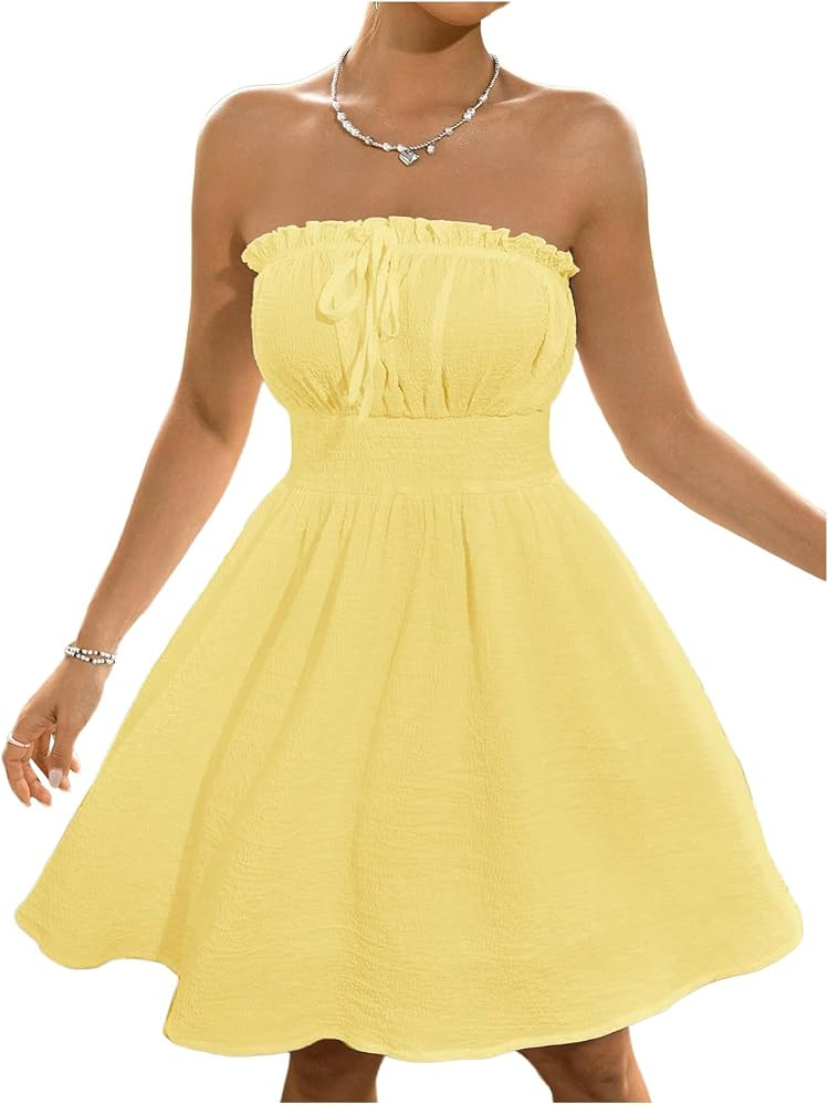 Milumia Women's Tie Front Frill Trim Summer Beach Dress Strapless Shirred Flared Short Dresses | Amazon (US)