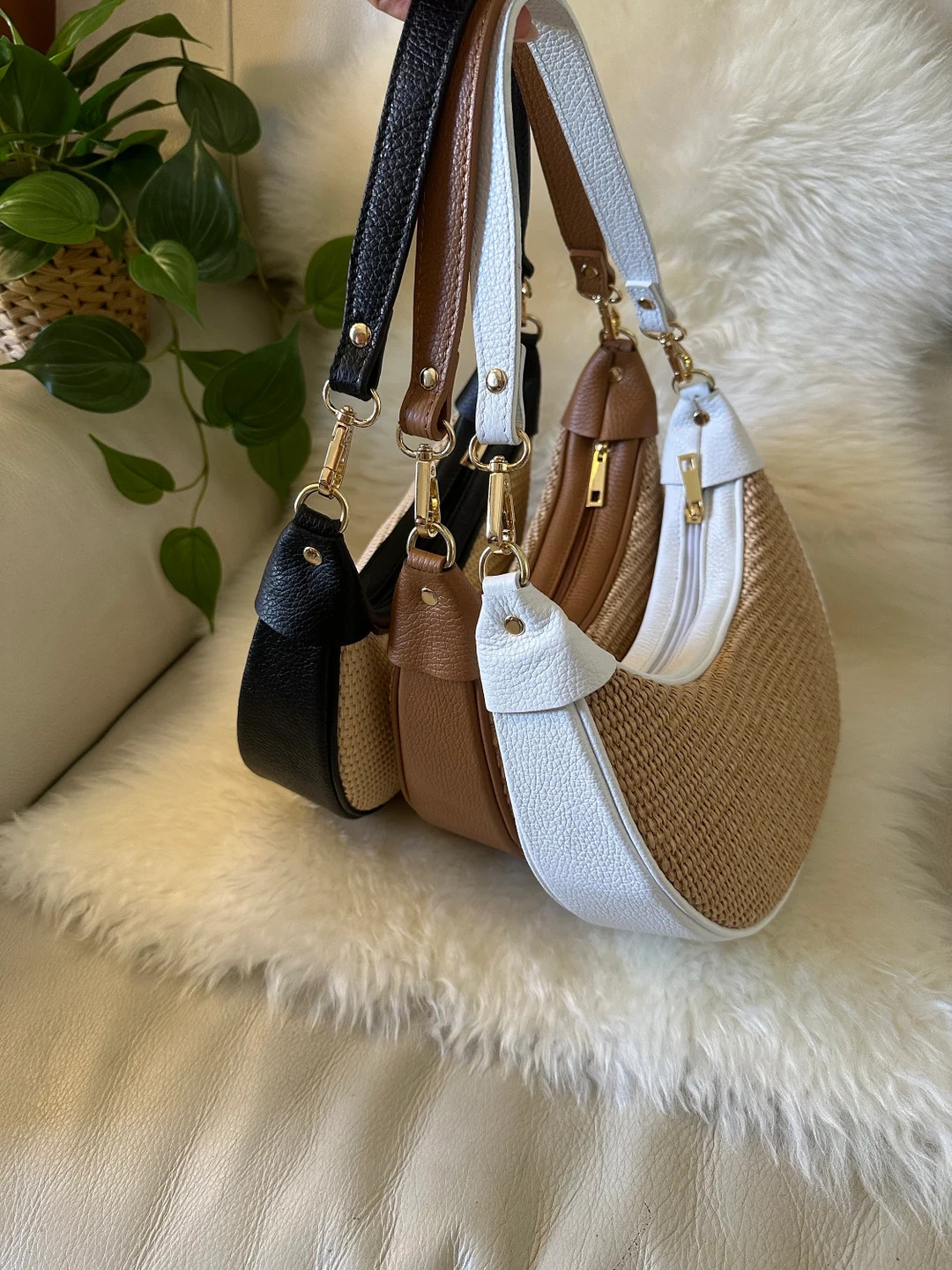 Half-moon Bag in Real Leather and Raffia, Raphia Bag, Sac Raphia Cuir, Shoulder Bag Real Leather,... | Etsy (US)