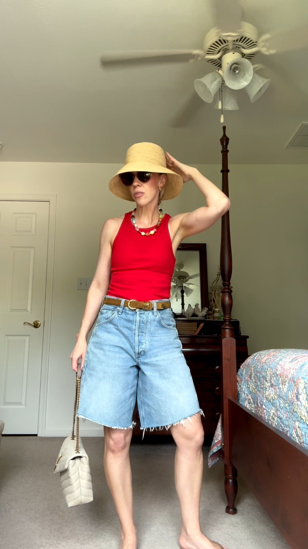 Casual summer outfit over 40, @Janessa Leone straw bucket hat, denim bermuda shorts, Déhanche suede belt (on major sale!)

#LTKootd #LTKdayinmylife #LTKSaleAlert