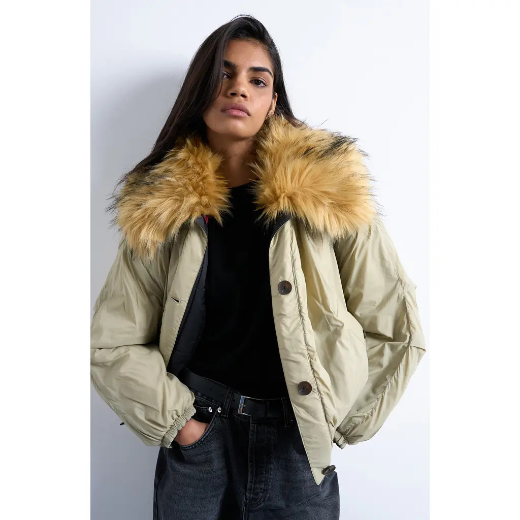 Topshop Reversible Bomber Jacket with Faux Fur Collar in Medium Green at Nordstrom, Size Large | Nordstrom