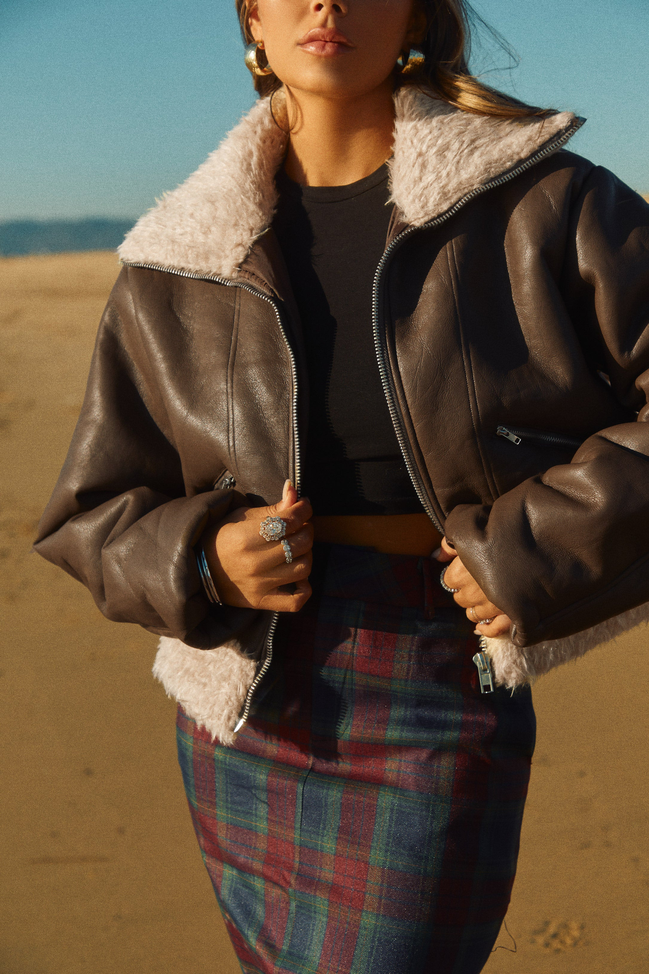 Miss Lola | Saira Brown PU Short Coat | MISS LOLA