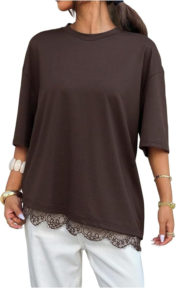 Milumia Women's Oversized Lace Trim T Shirts Asymmetrical Hem Tops | Amazon (US)