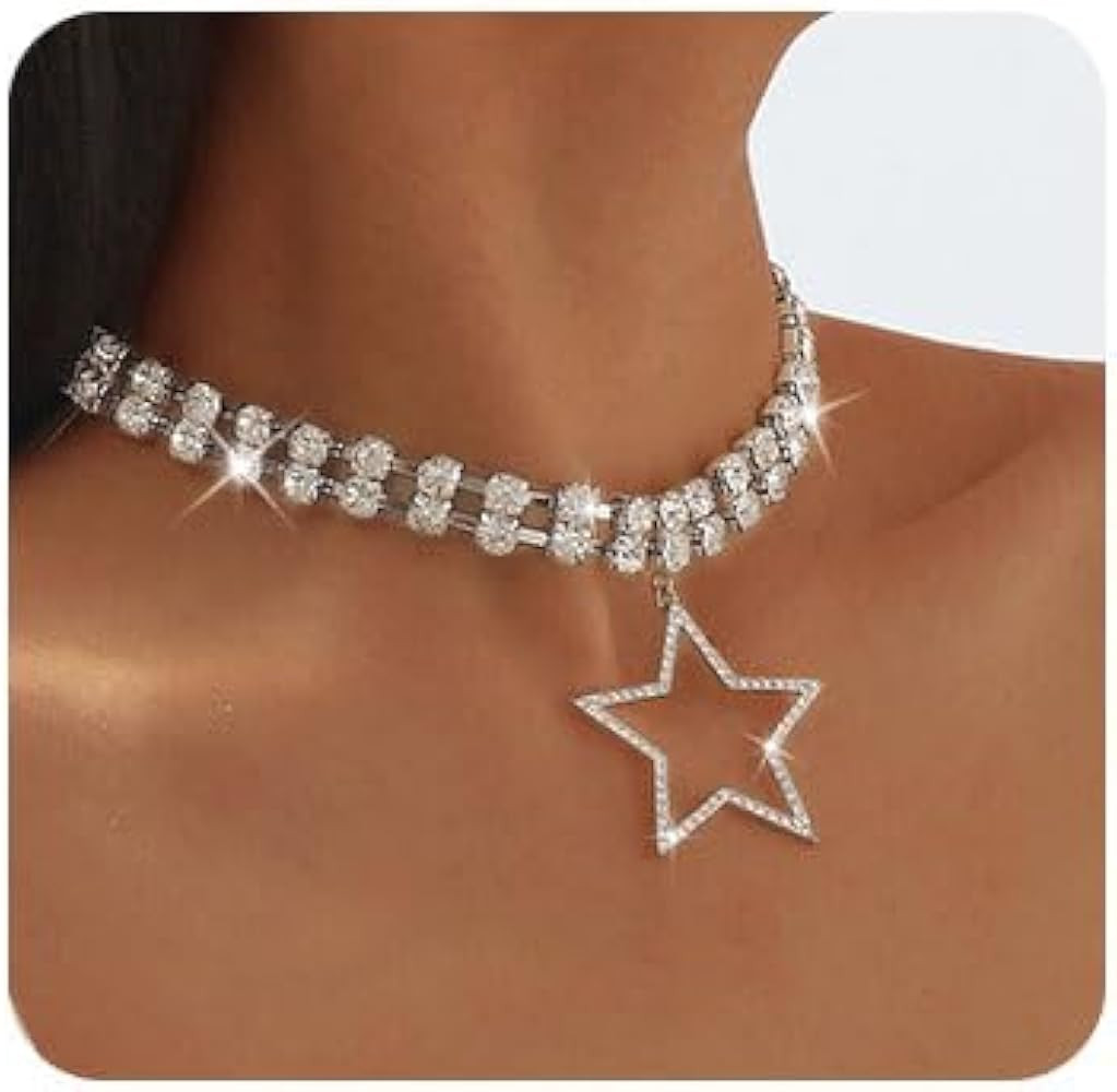 Rhinestone Choker Necklaces Silver Star Necklace Lightweight Star Choker Necklace Fashion Jewelry... | Amazon (US)