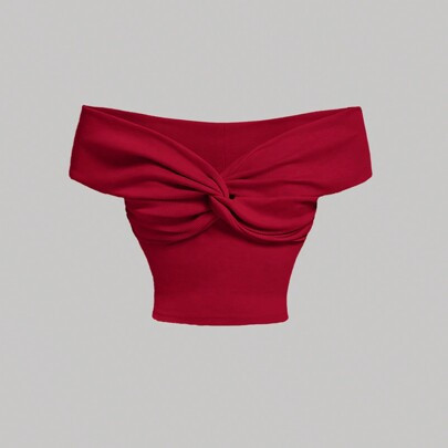 Women's Summer Elegant Solid Color Off Shoulder Twist Twist Top | SHEIN